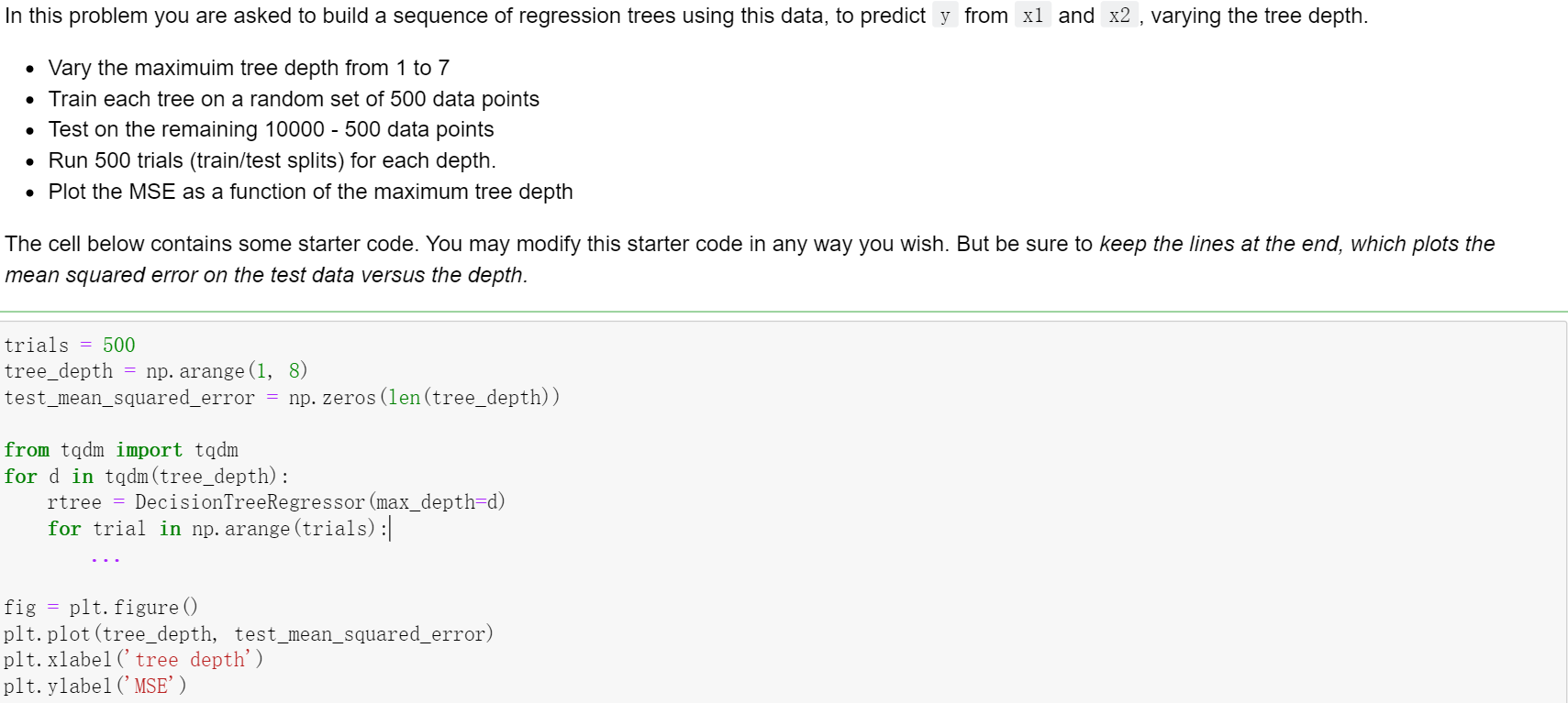 regression trees using this data, to predict y from x1 and x2