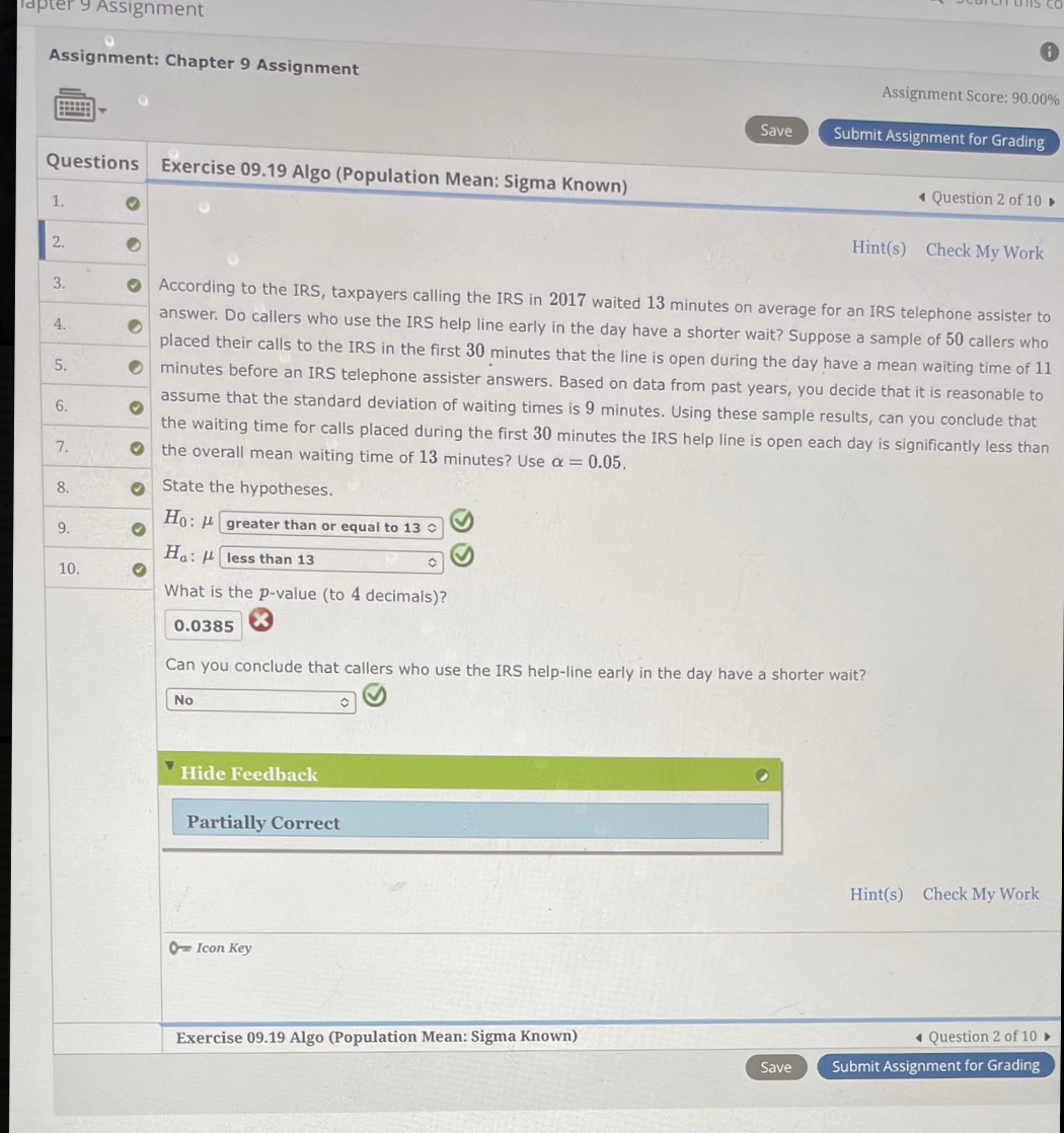  apter y Assignment Assignment: Chapter 9 Assignment Assignment Score: 90.00% Save
