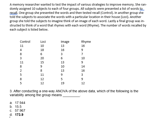 the memory study above. Place the work for each test (show all