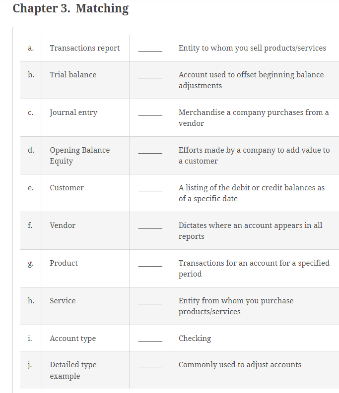 whom you sell products/services b. Trial balance _______ Account used to offset