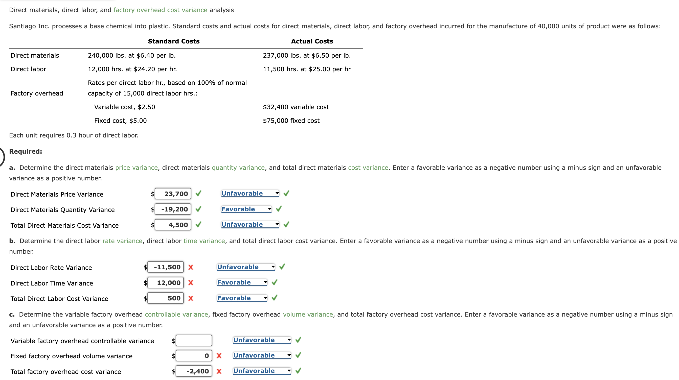  Direct materials, direct labor, and factory overhead cost variance analysis Each
