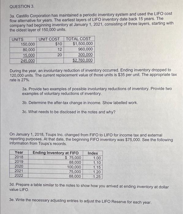 QUESTION 3 3a. Castillo Corporation has maintained a periodic inventory system