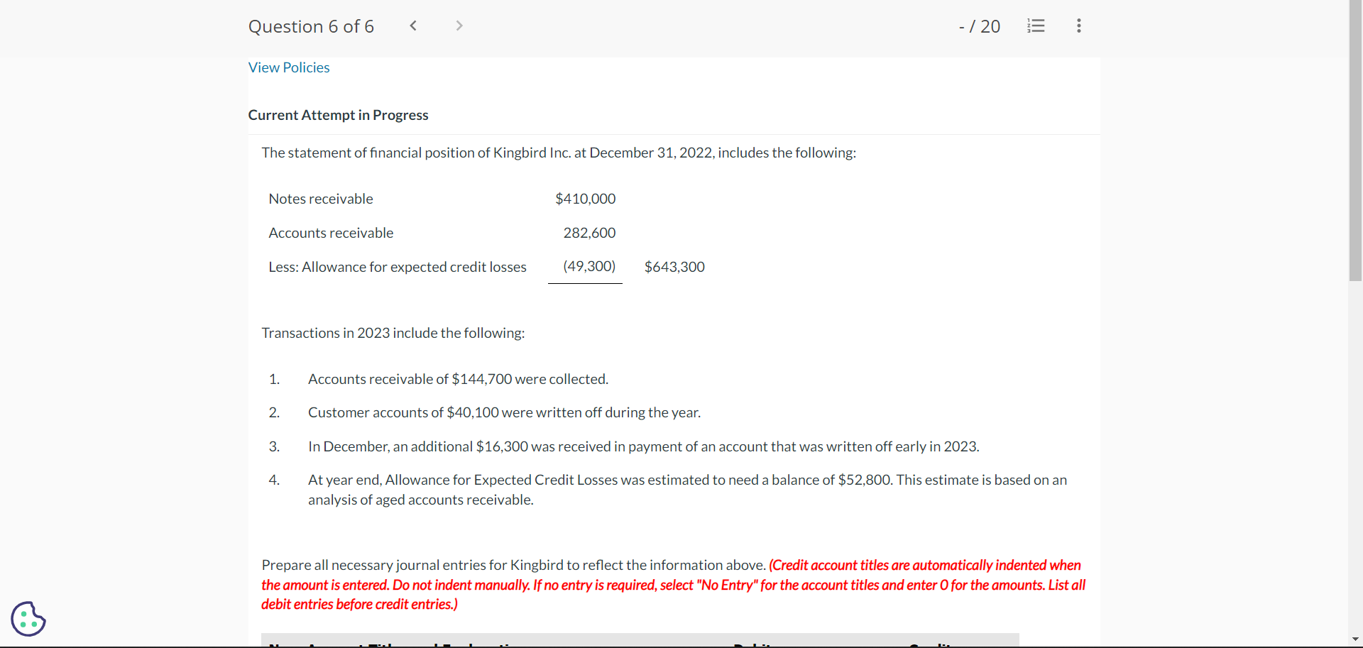  Current Attempt in Progress The statement of financial position of Kingbird