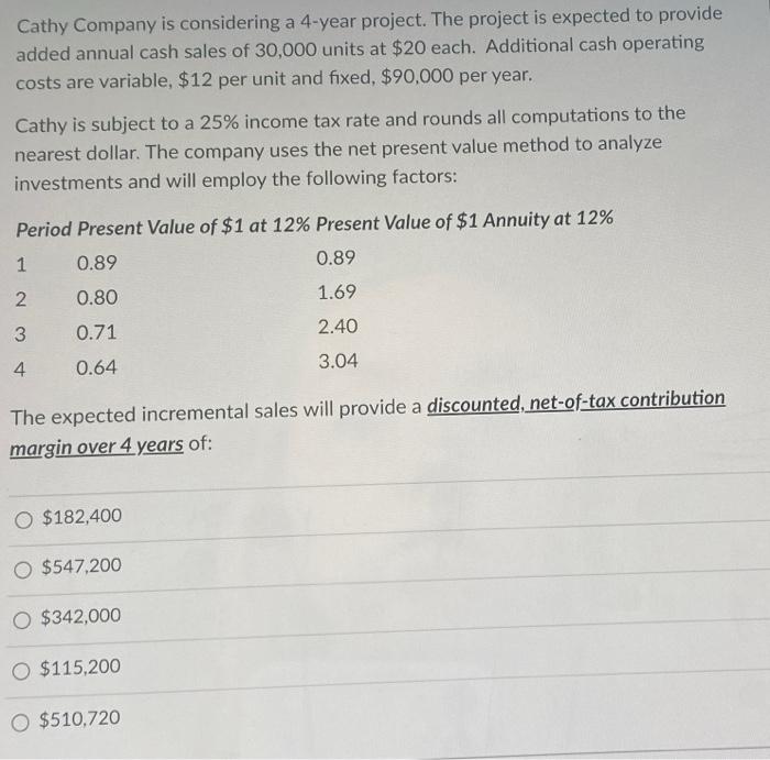 to provide added annual cash sales of 30,000 units at $20 each.