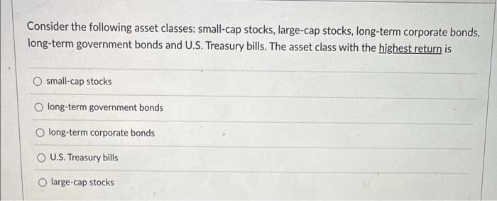 Consider the following asset classes: small-cap stocks, large-cap stocks, long-term corporate