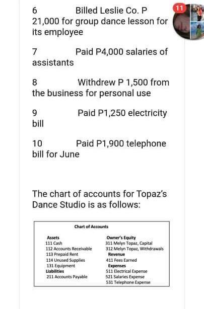 opened Topaz's Dance Studio. The following transactions occurred in June: June 1
