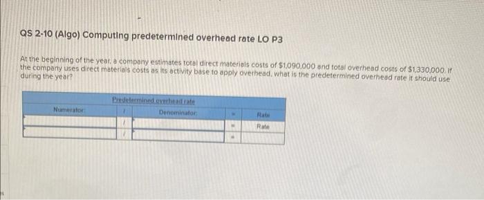 QS 2-10 (Algo) Computing predetermined overhead rate LO P3 At the