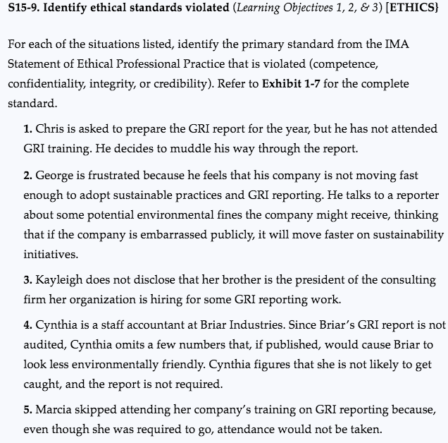  S15-9. Identify ethical standards violated (Learning Objectives 1, 2, & 3)