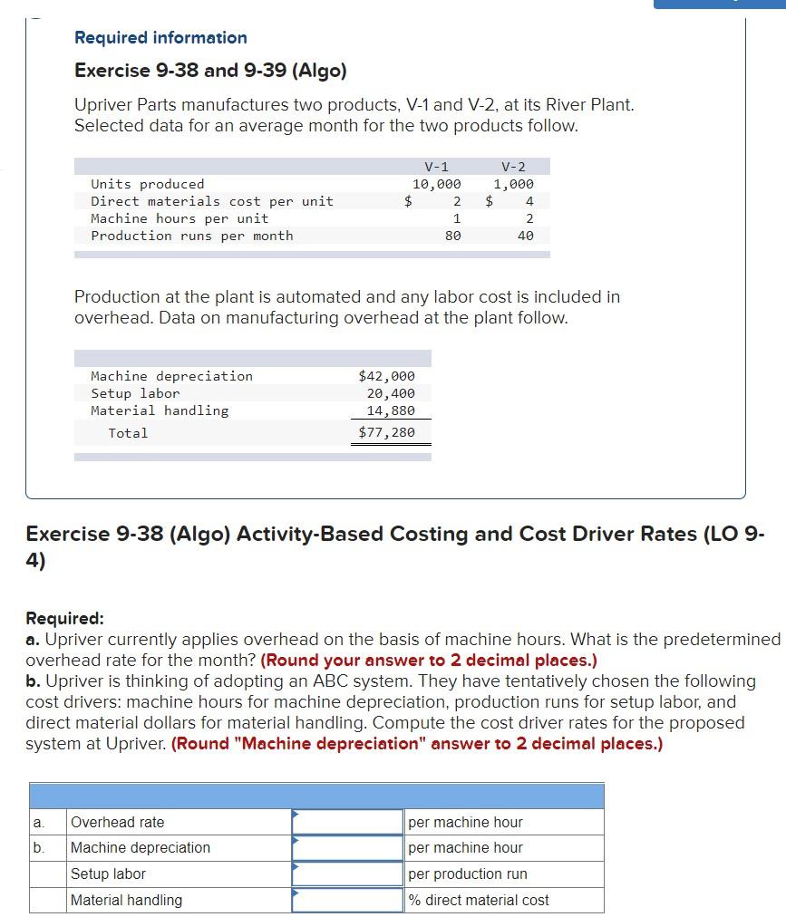  Required information Exercise 9-38 and 9-39 (Algo) Upriver Parts manufactures two
