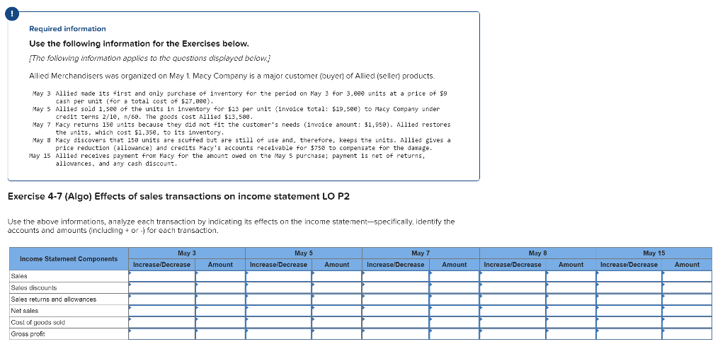  Required information Use the following information for the Exercises below. [The