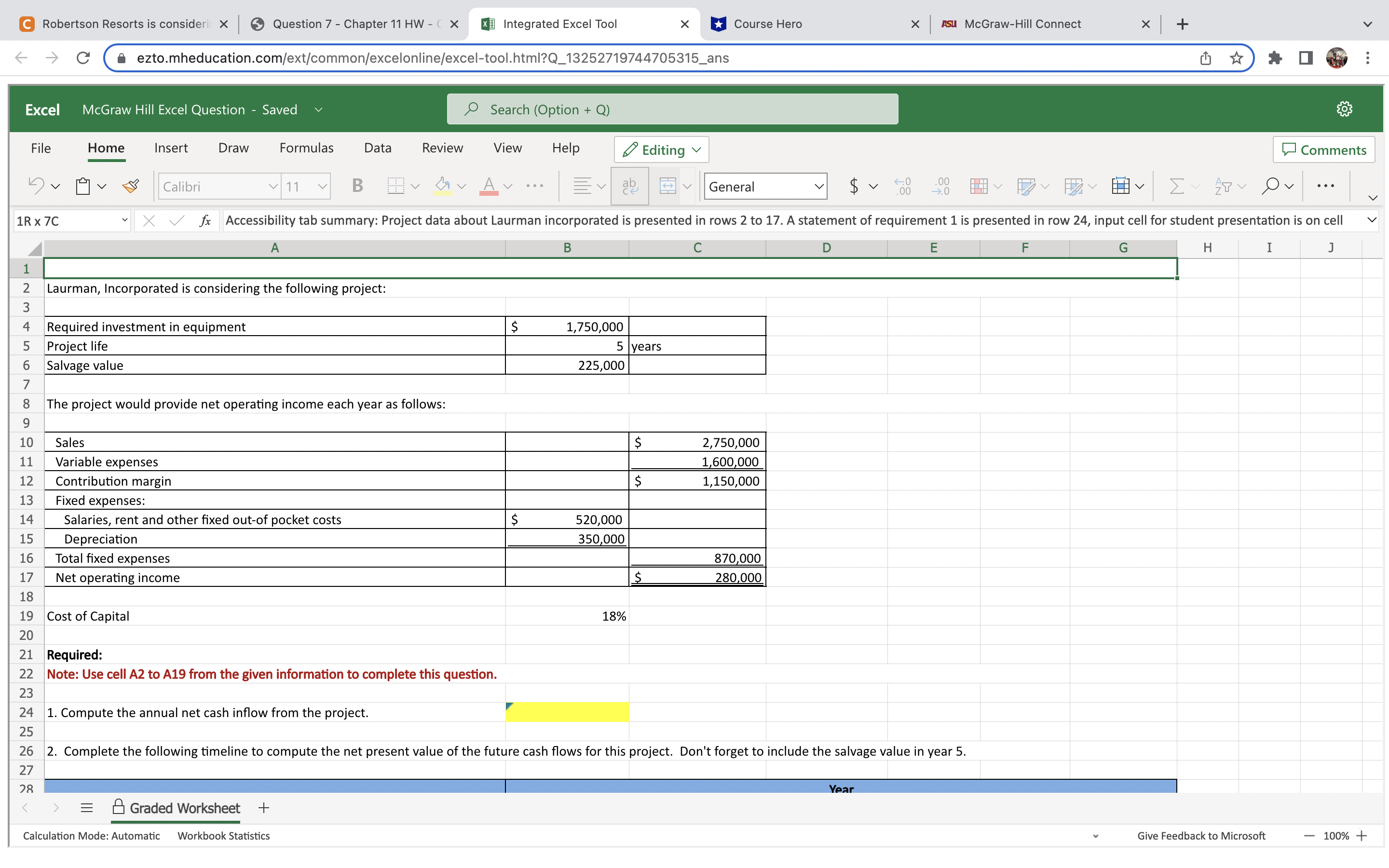 Robenson Resorts is consider X l e Question7-Chapter11 HW- X Integrated