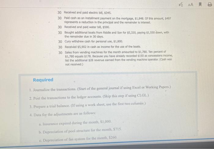 112 Accounts Receivable 114 Prepaid Insurance 121 Land 125 Pool Structure 126