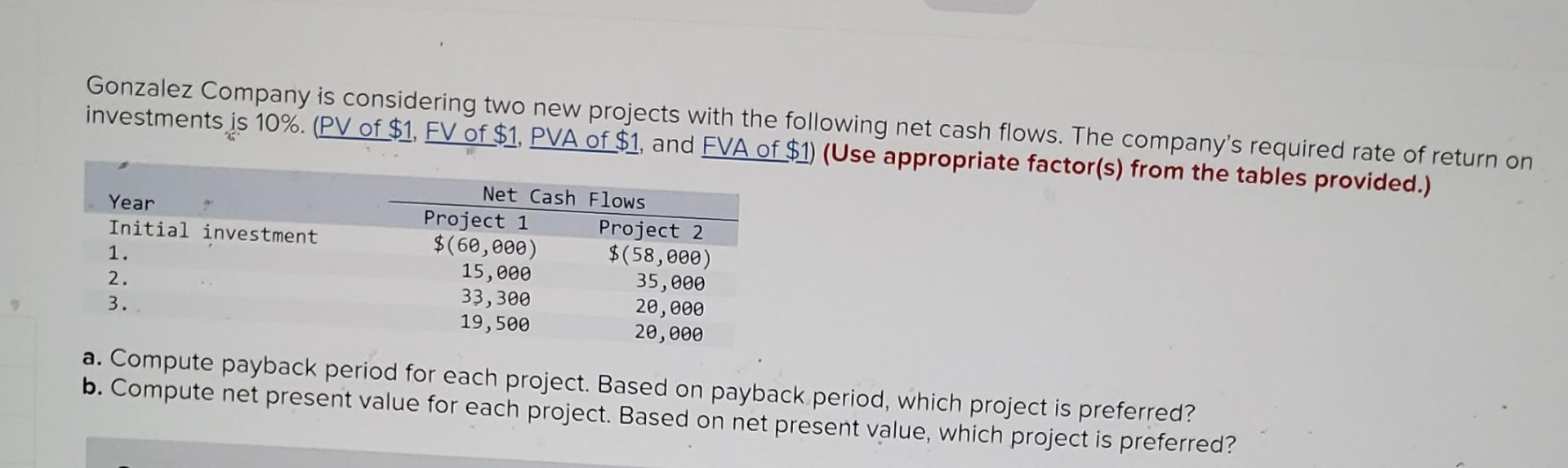  Gonzalez Company is considering two new projects with the following net