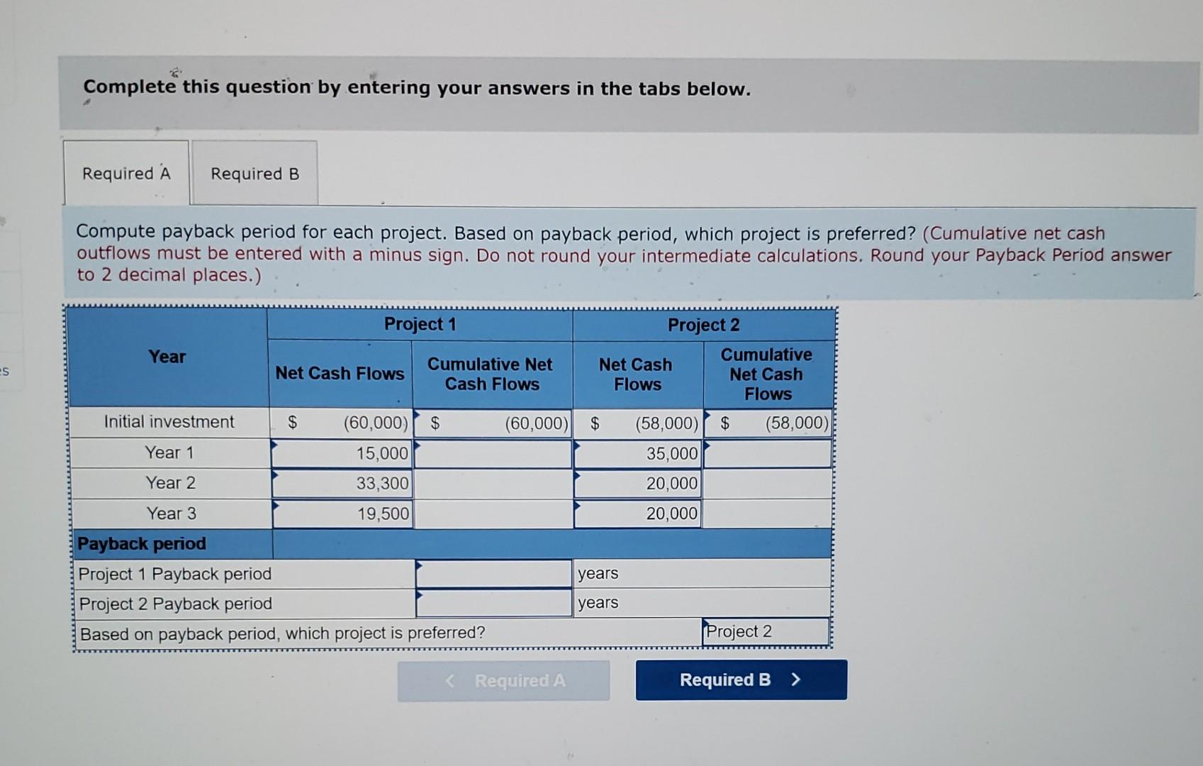 provided.) a. Compute payback period for each project. Based on payback period,