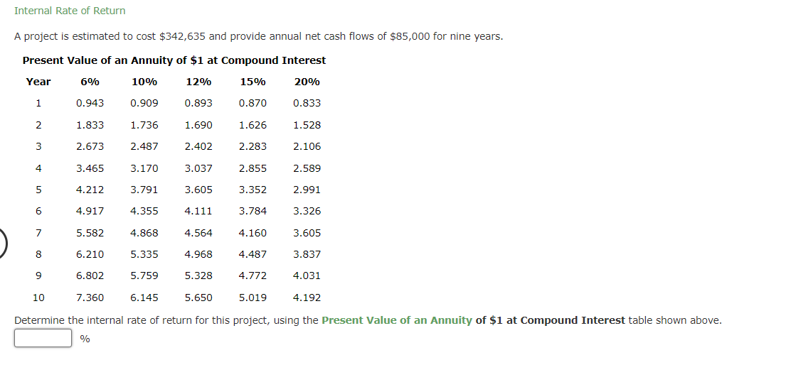  Internal Rate of Return A project is estimated to cost $342,635