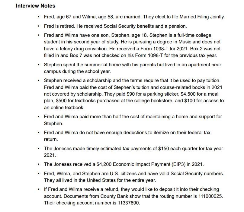  Interview Notes Fred, age 67 and Wilma, age 58, are married.