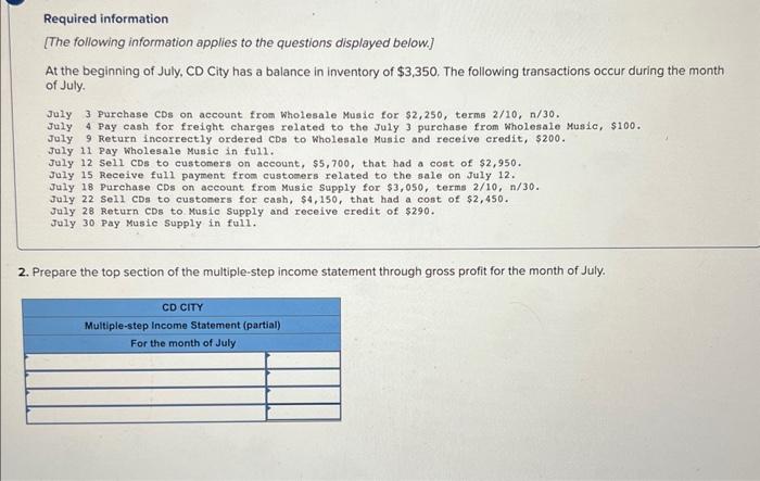 of July. Ju1y 3 Purchase CDs on account from Wholesale Musie for