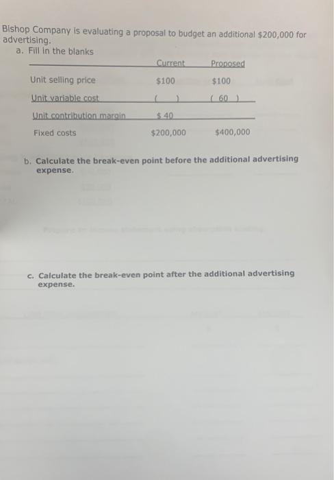 , 000 for advertising. a. Fill in the hlanke b. Calculate the