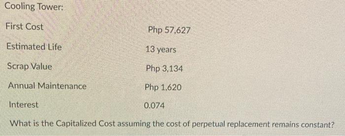 Value Php 3,134 Annual Maintenance Php 1,620 Interest 0.074 What is the