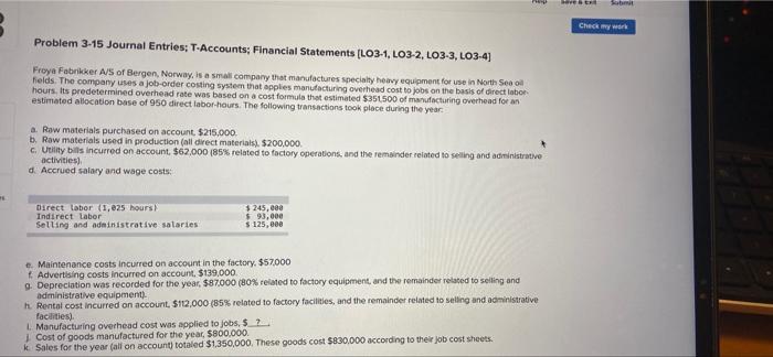  vestr Check my work Problem 3-15 Journal Entries; T-Accounts; Financial Statements