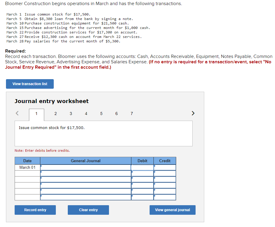  Bloomer Construction begins operations in March and has the following transactions.