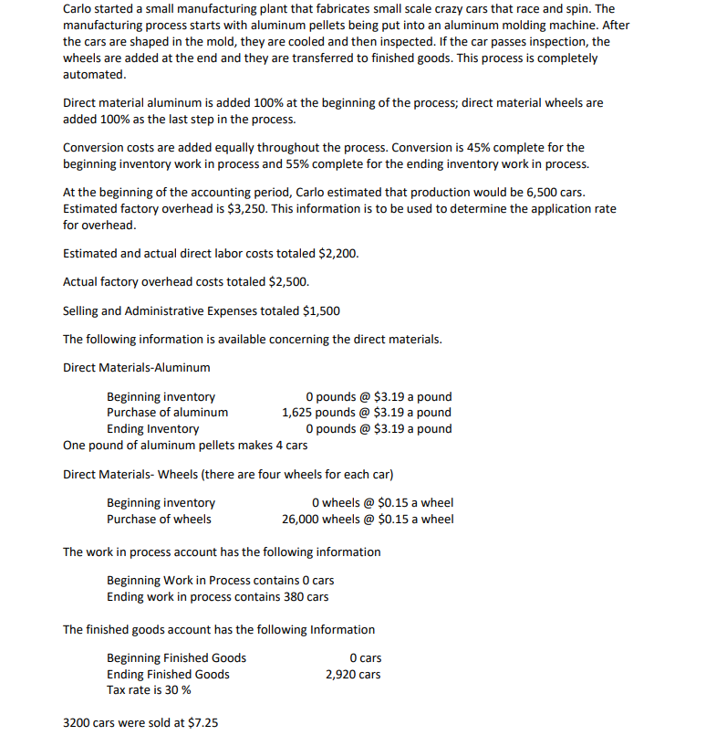  Carlo started a small manufacturing plant that fabricates small scale crazy