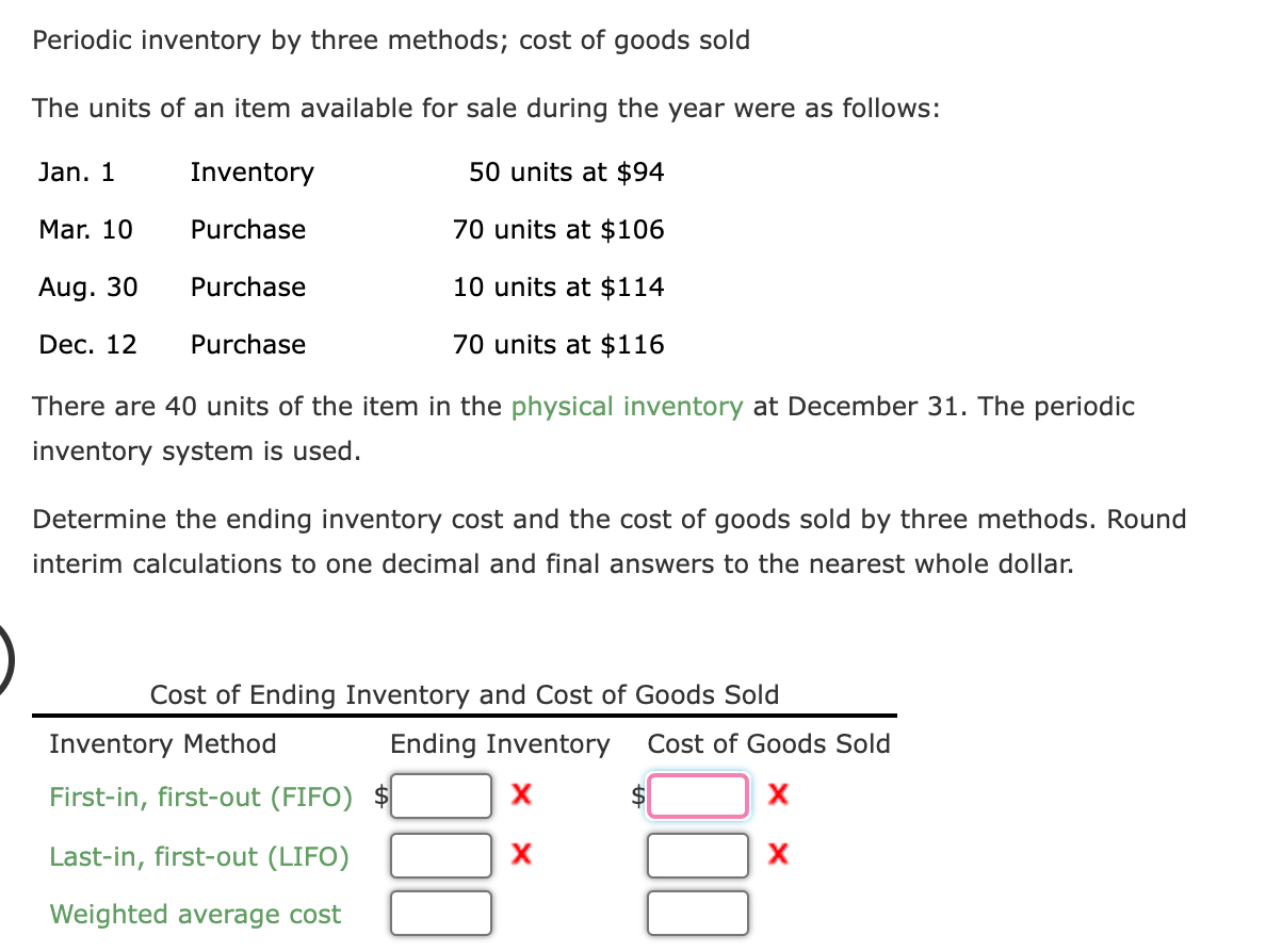  Periodic inventory by three methods; cost of goods sold The units
