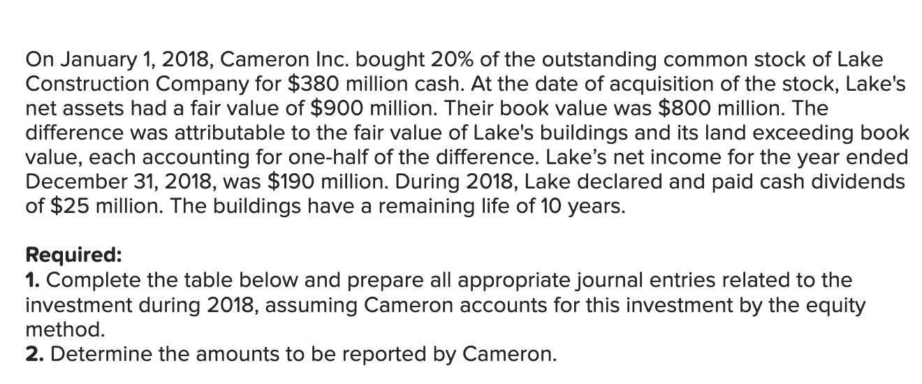  On January 1,2018 , Cameron Inc. bought 20% of the outstanding