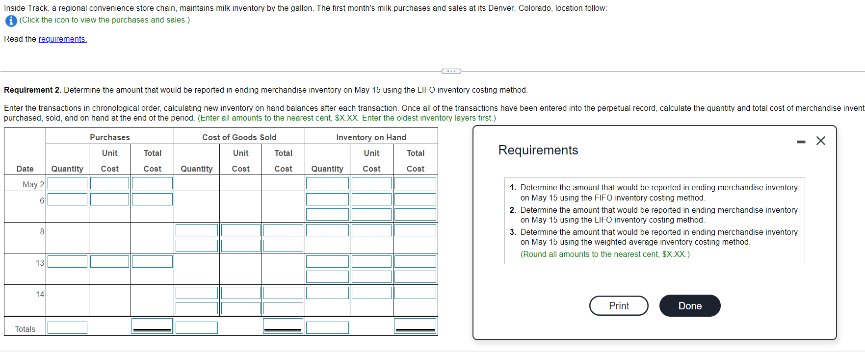  Inside Track, a regional convenience store chain, maintains milk inventory by