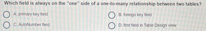 Which field is always on the "one" side of a one-to-many