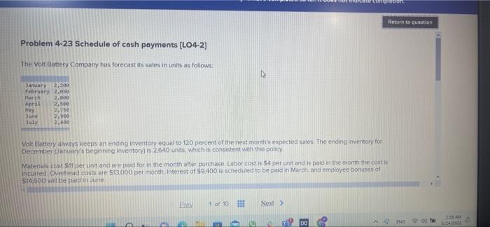  SL Return to question Problem 4-23 Schedule of cash payments [LO4-2]