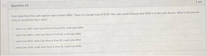  1 pts U Question 15 Cash Sales from the cash register
