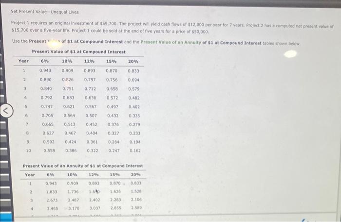 Net Present Value-Unequal Lives Project 1 requires an original investment of