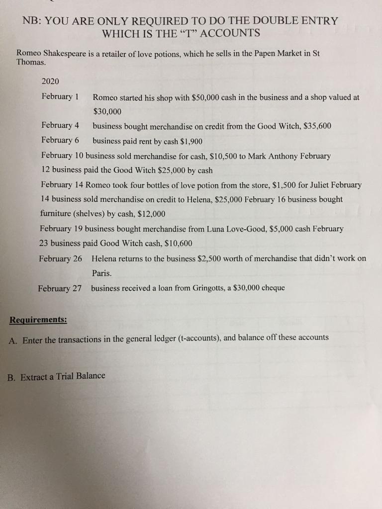  NB: YOU ARE ONLY REQUIRED TO DO THE DOUBLE ENTRY WHICH