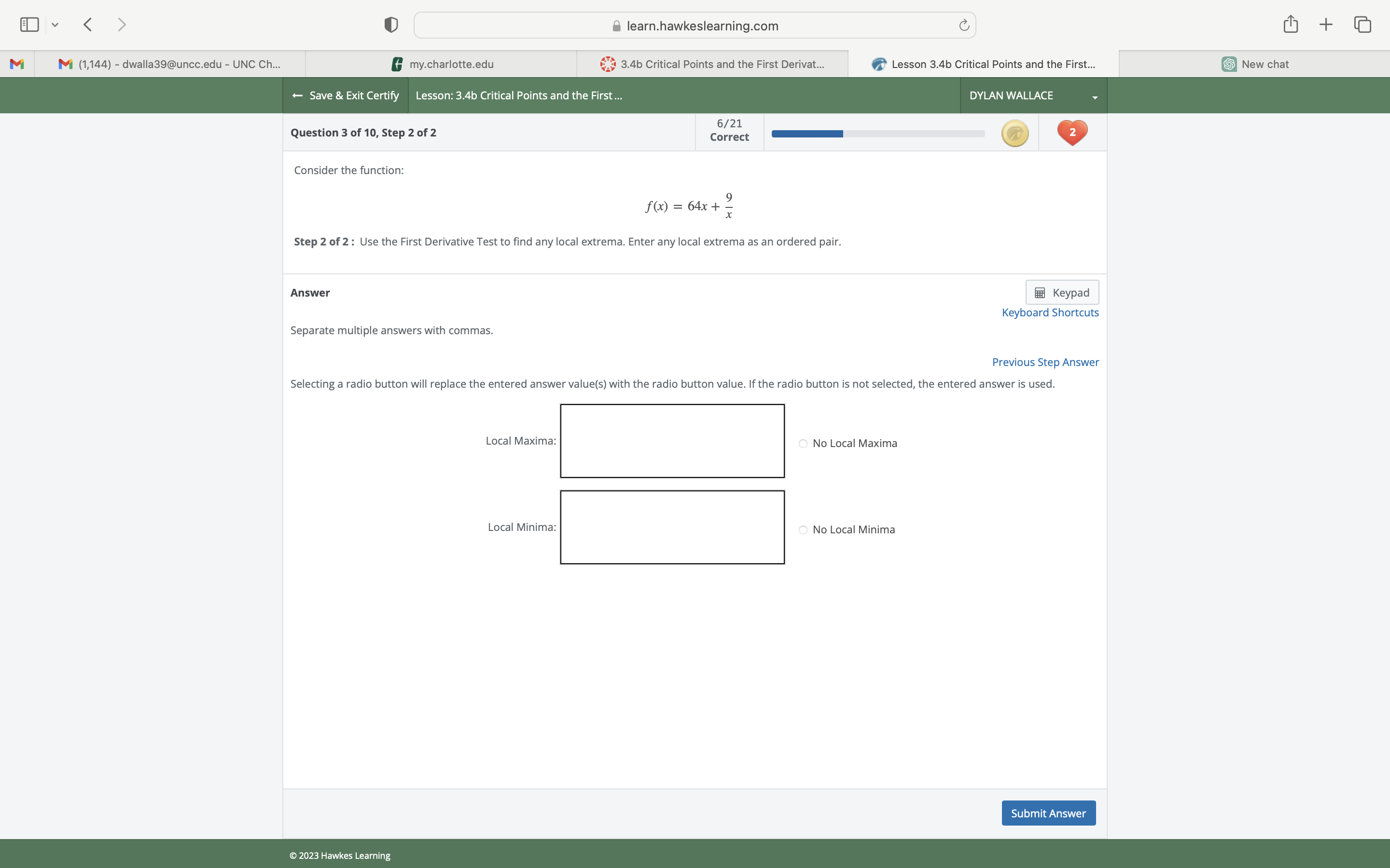 UNC Ch... f my.charlotte.edu 3.4b Critical Points and the First Derivat... Lesson