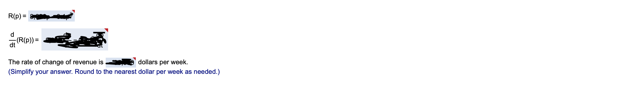 the associated revenue function R(p) and the rate of change (in dollars