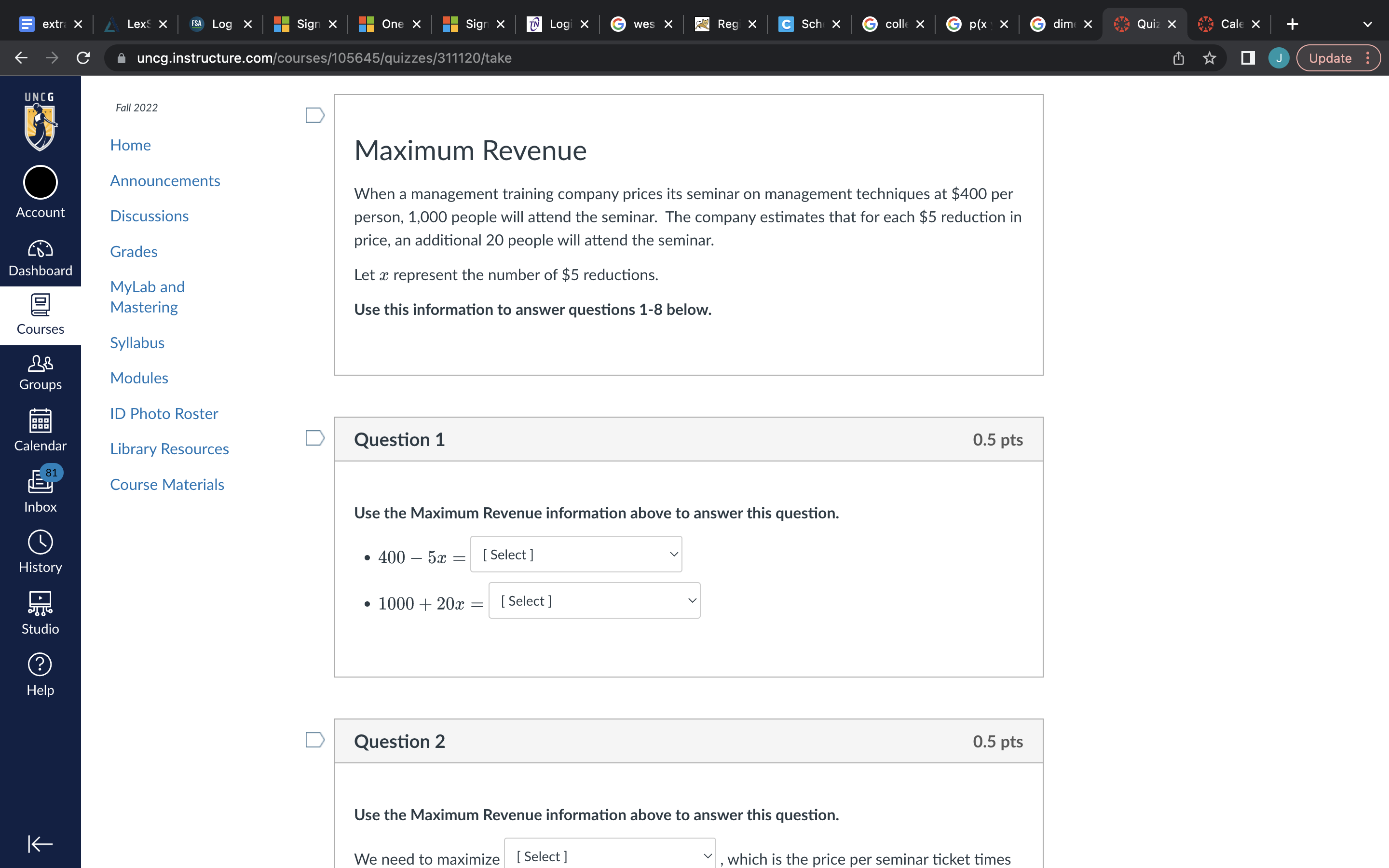 extri X UNCG Account Dashboard Courses Groups aaa Calendar 81 Inbox History