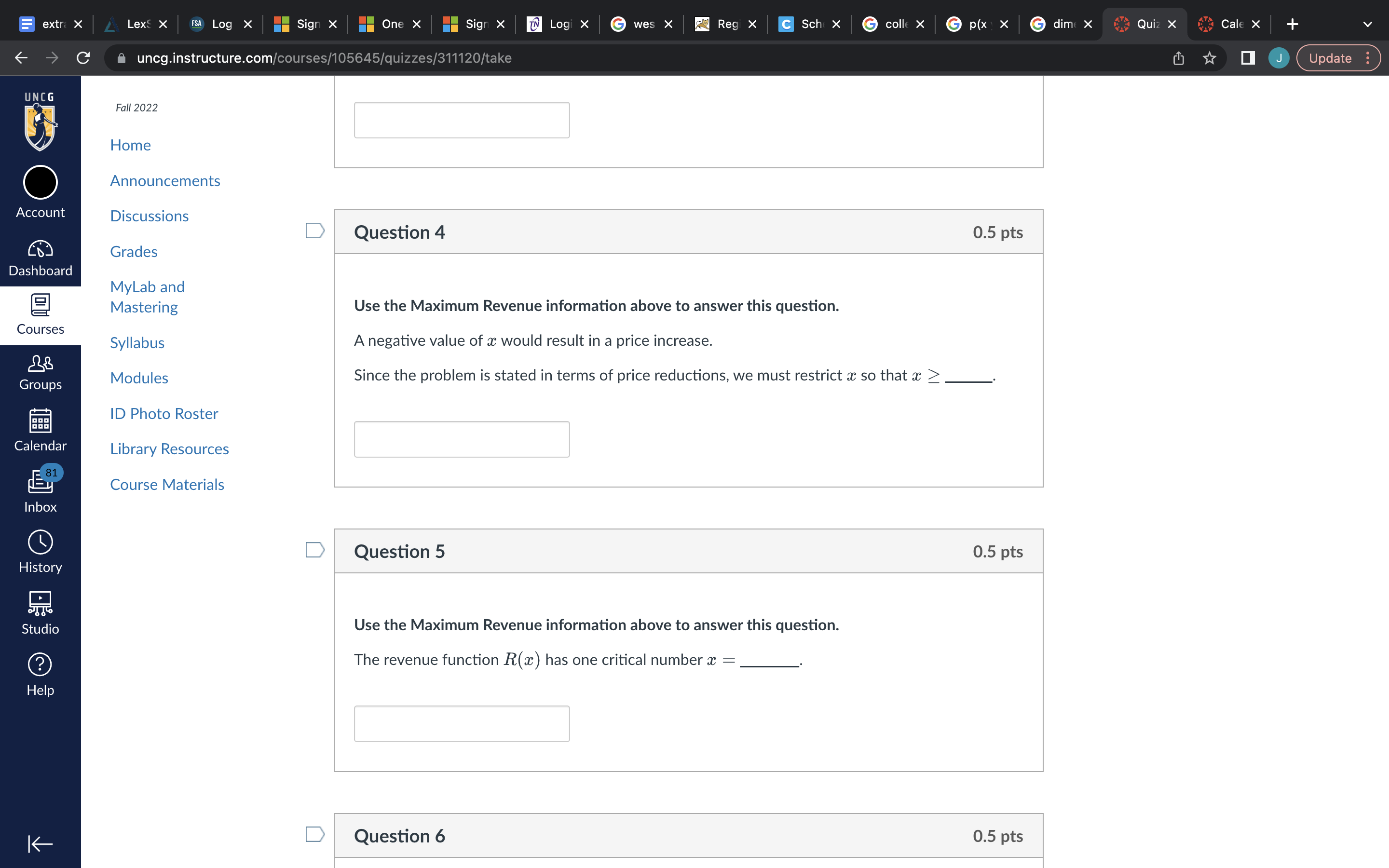 Reg Schl coll( dim x Quiz x uncg.instructure.com/courses/105645/quizzes/311120/take Calex + O Update