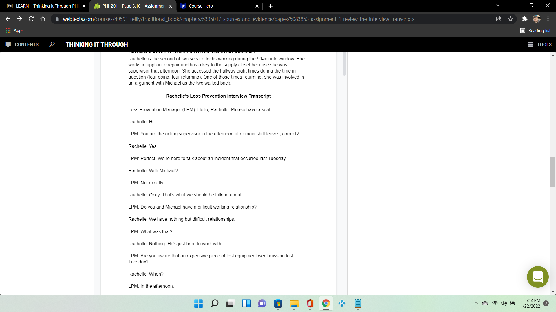 3.10 - Assignmen X *Course Hero X C 0 A webtexts.com/courses/49591-reilly/traditional_book/chapters/5395017-sources-and-evidence/pages/5083853-assignment-1-review-the-interview-transcripts Apps