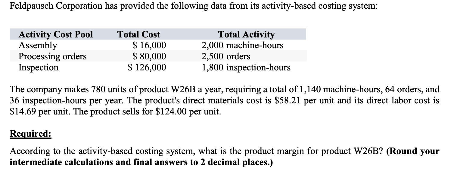 Feldpausch Corporation has provided the following data from its activity-based costing system: