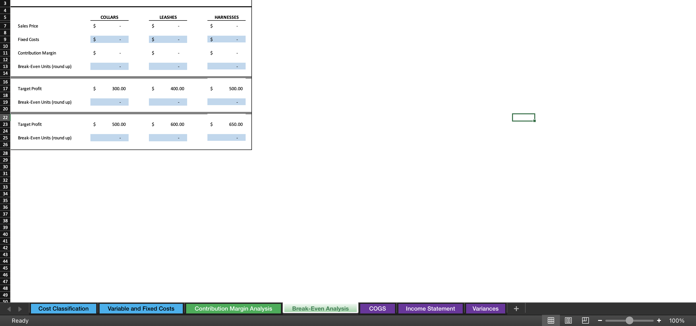 Salary to self 166.67 19 Total Variable Costs per Collar 9.10 Total