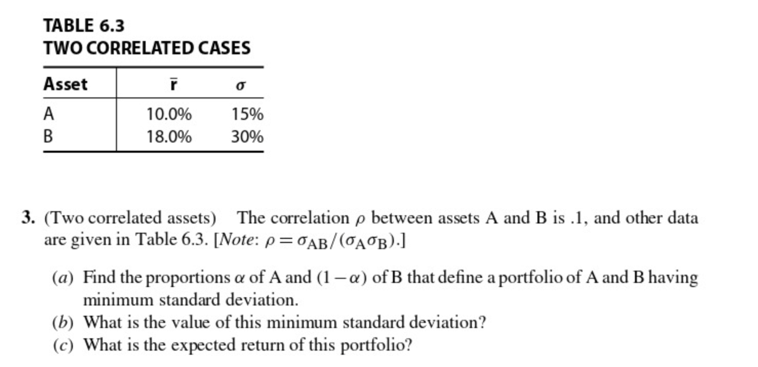 please answer the portfolio = two correlated assets question below TABLE 6.3