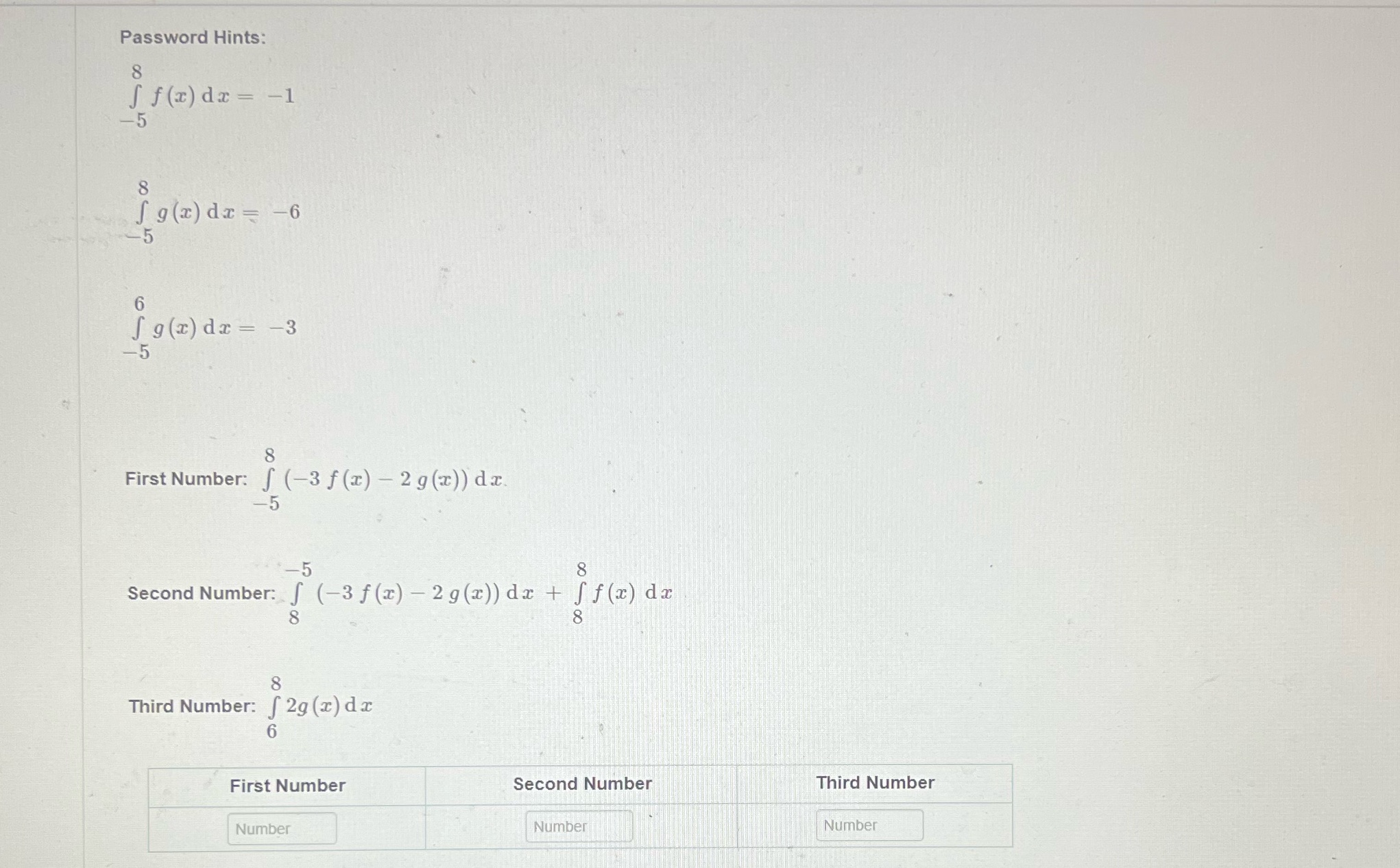 Password Hints: 8 Sf(x) dz = -1 -5 Sg(z) da =