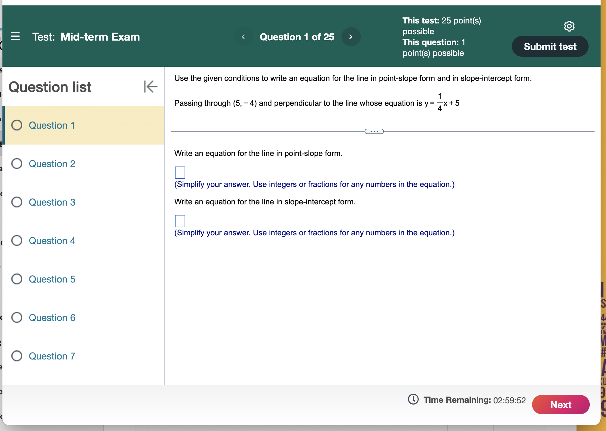  This test: 25 point(s) = Test: Mid-term Exam Question 1 of