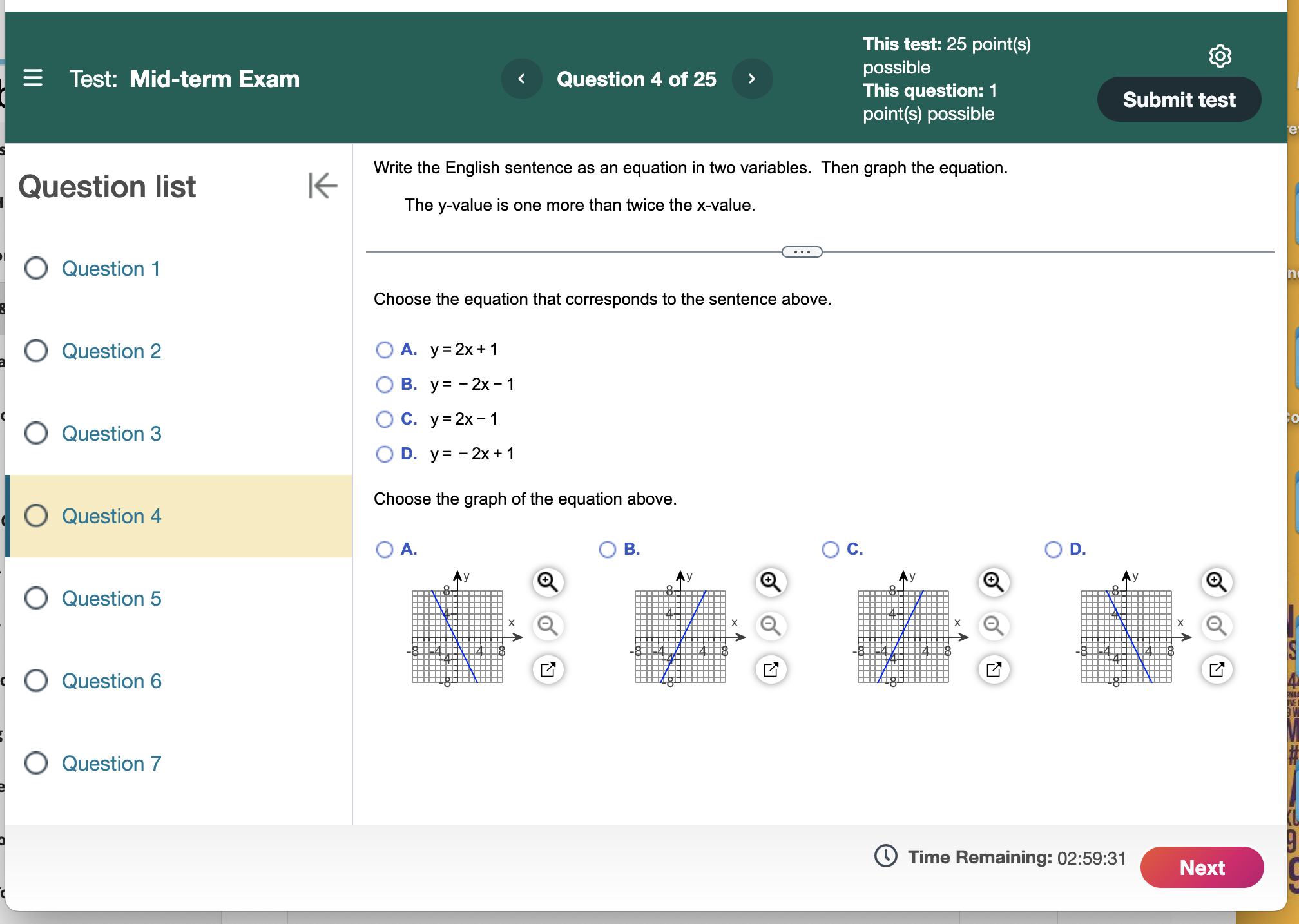 in slope-intercept form. Question list K Passing through (5, - 4) and