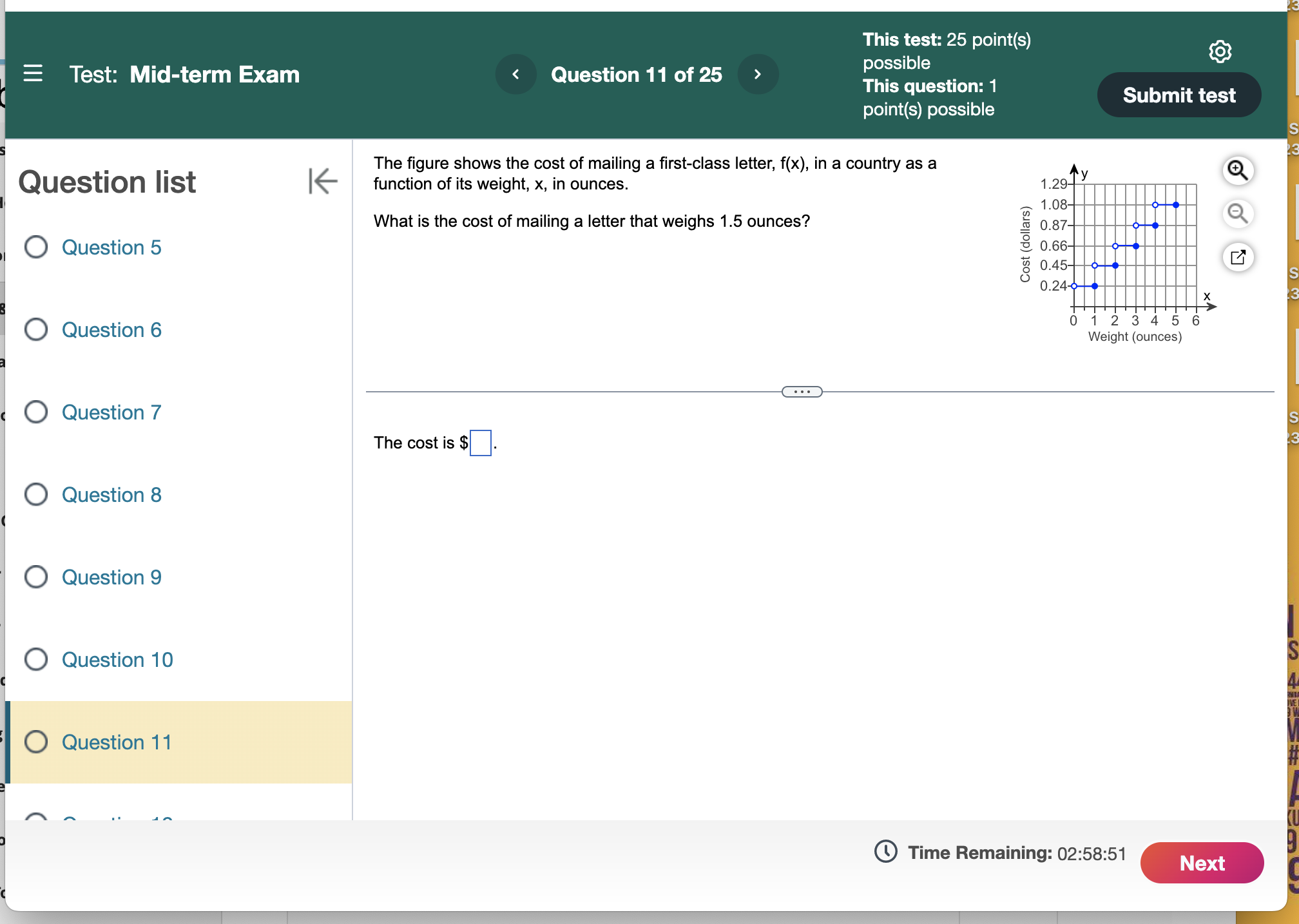Question 6 O Question 7 Time Remaining: 02:59:52 NextThis test: 25 point(s)