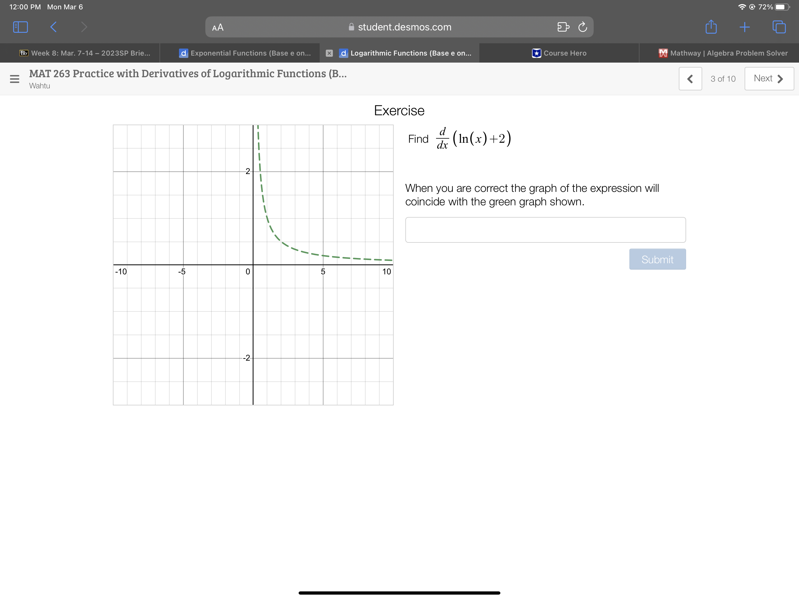 (Base e on... Course Hero Mathway | Algebra Problem Solver MAT 263
