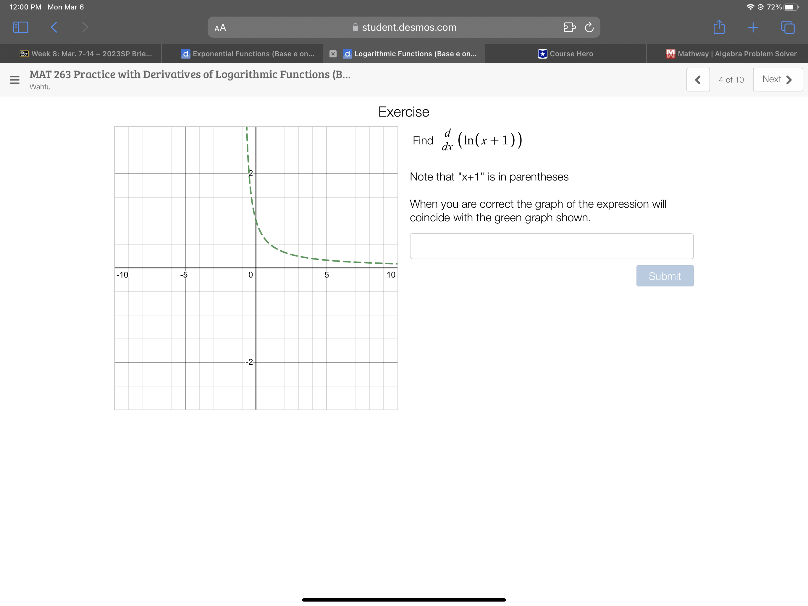 Practice with Derivatives of Logarithmic Functions (B... 3 of 10 Next >