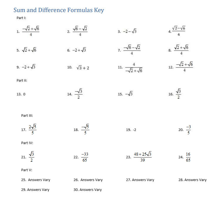Sum and Difference Formulas Key Part l: 4 Part 13. o Pan