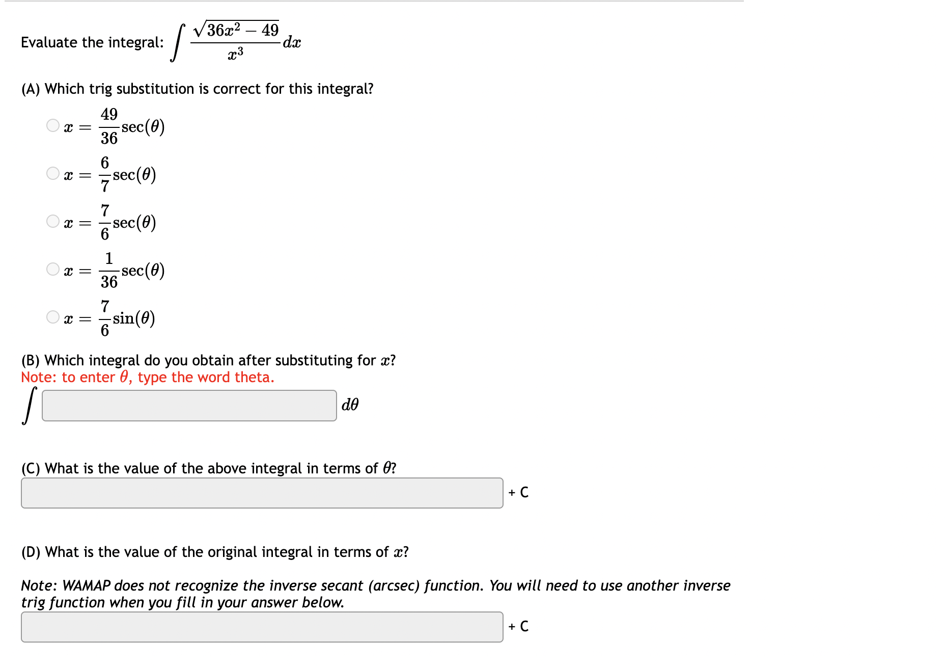 the integral: f 103:2 (A) Which trig substitution is correct for this